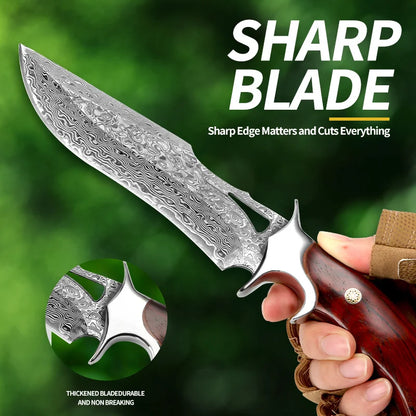 Damascus advanced straight knife, fixed blade, wooden handle and leather scabbard, easy to carry, fast cutting, loved by men