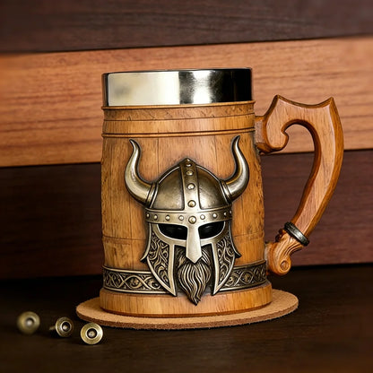 Medieval Revival Viking Pirate Beer Mug "Norse Mythology Odin/Thor Theme" Tankard Nordic Medieval Axe Handle Wood Barrel Stein