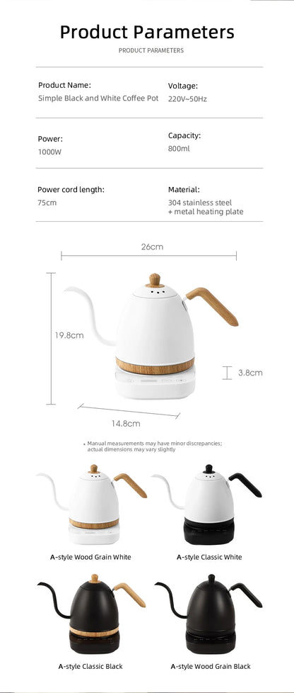800ml Gooseneck Electric Kettle Hand Brew Coffee Pot Teapot 304 Stainless Steel Water Jug Slender Mouth Hand Brewing Pot 1000W