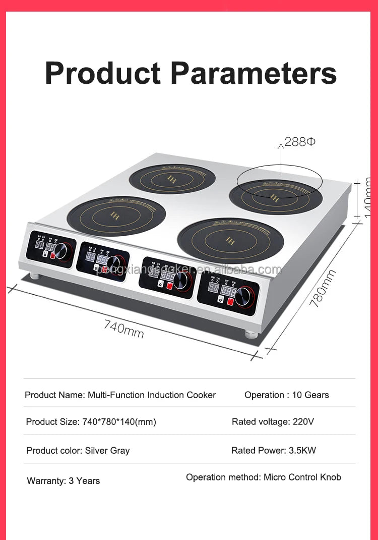 Warranty CE 3500W Industrial Hotel Restaurant Stainless Steel Electric 4 Burner Commercial Induction Cooker Manufacturer