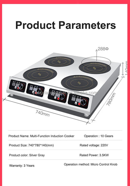 Warranty CE 3500W Industrial Hotel Restaurant Stainless Steel Electric 4 Burner Commercial Induction Cooker Manufacturer