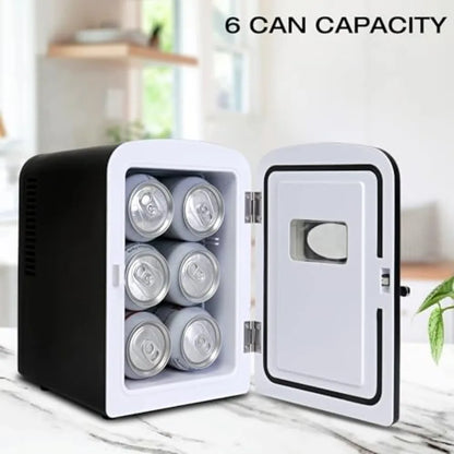 Mini Fridge- Black Refrigerator 6 Can Portable Cooler for Bedroom Office Dorm Car Compact Fridge for Drinks Makeup Skincare Dua