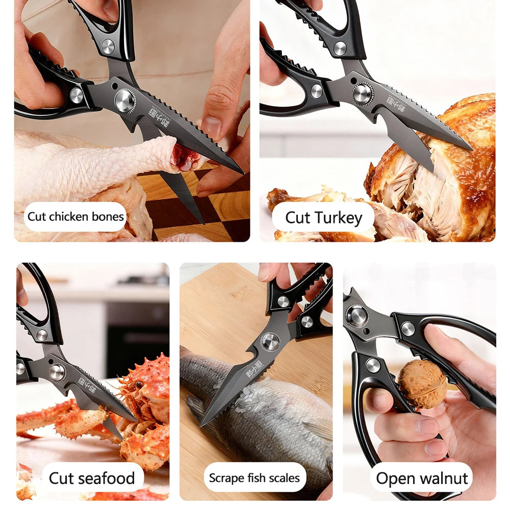 Multifunctional Kitchen Scissors Black Titanium Chicken Bone Scissors Food Scissors for Cutting Chicken, Duck and Goose Bones