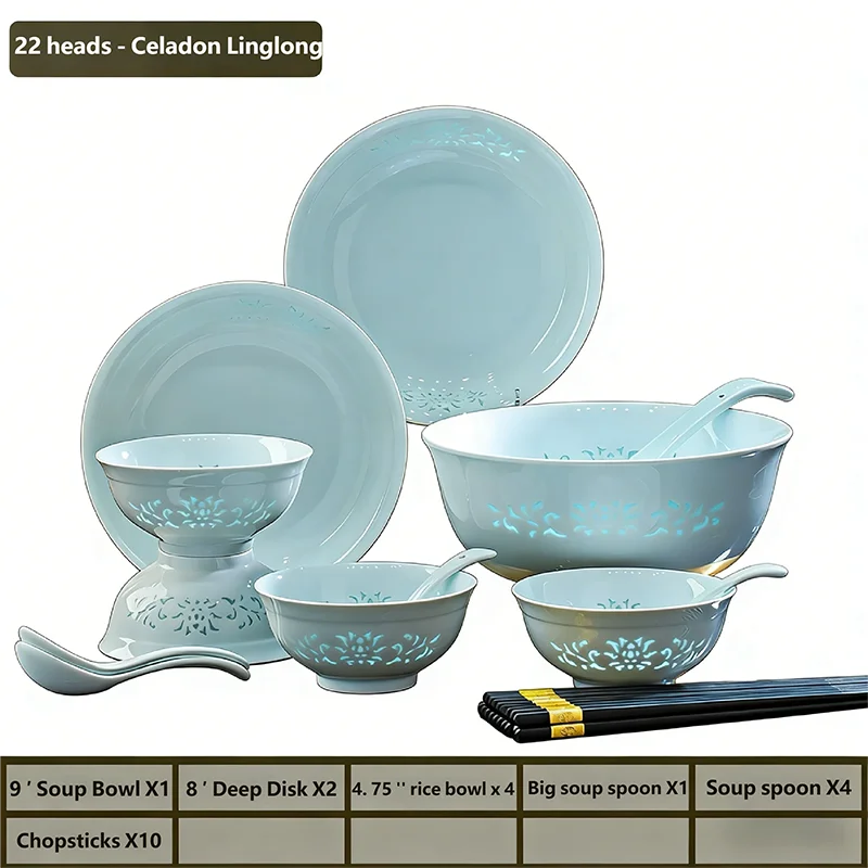 Celadon Dinnerware Set 22/40/70pcs Linglong Ceramics Dish Sets Full Set Luxury China Tableware Set For 4/6/10 Persons Dinner Set