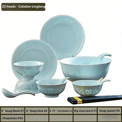 Celadon Dinnerware Set 22/40/70pcs Linglong Ceramics Dish Sets Full Set Luxury China Tableware Set For 4/6/10 Persons Dinner Set