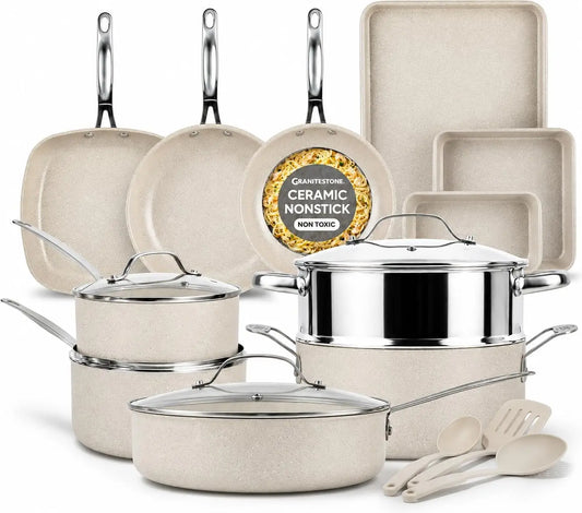 20 Pc Ceramic Nonstick Cookware Set, Complete Pots and Pans with Bakeware, Utensils & Steamer, Oven & Dishwasher Safe, PFOA PFOS Free