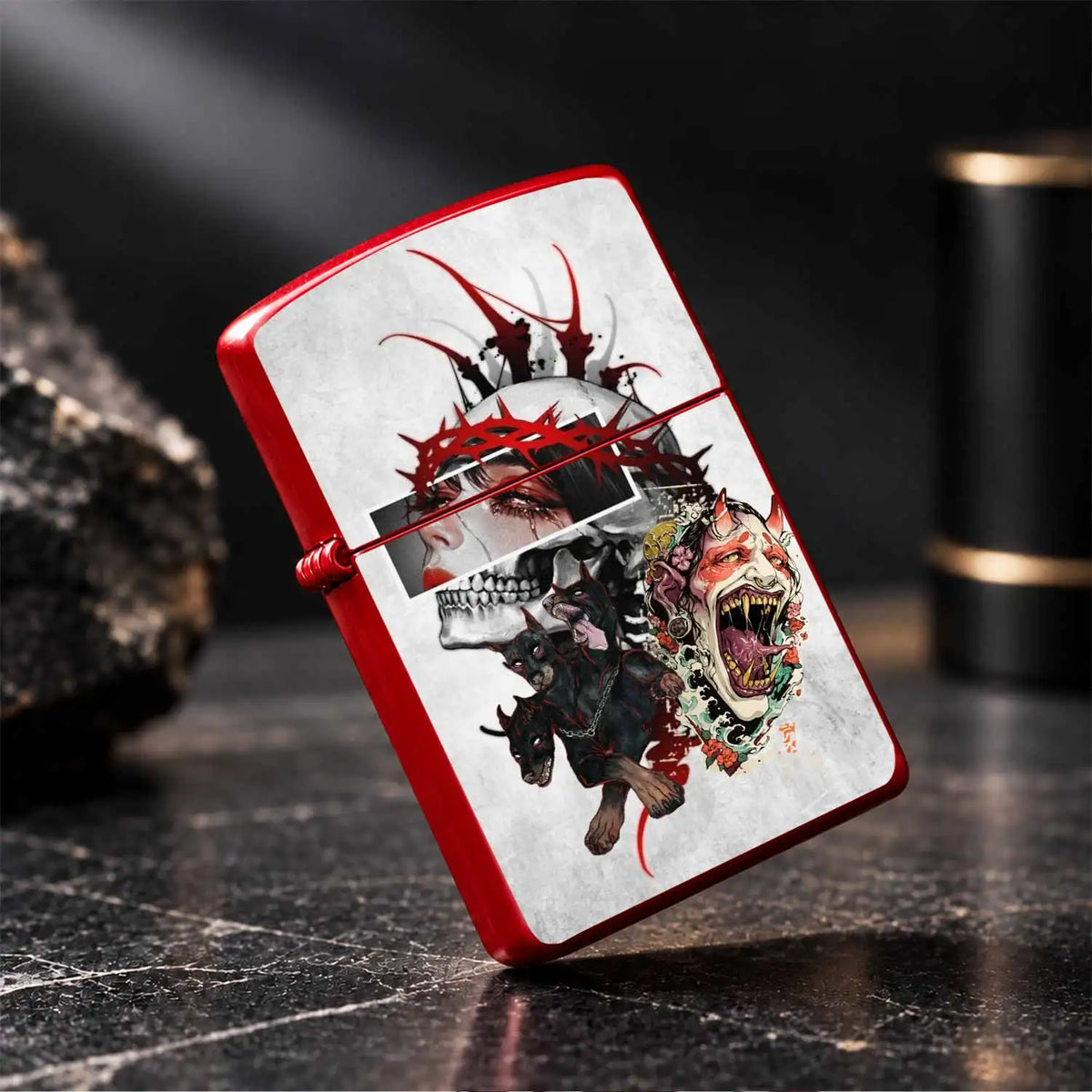 Trendy Dark Art Style Portable Accessory, Unique Piece Integrated Thorns Skull Cerberus Hannya Elements, Versatile For All Scenarios, Creative Gift Choice, Aesthetic Ornament For Daily Use Personal Display Art A Humorous And