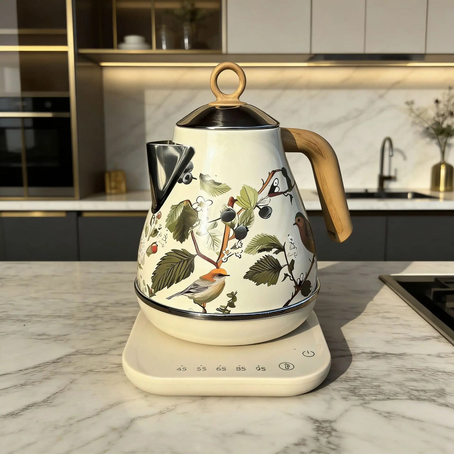 1.7L Retro Decal Electric Kettle Wood Grain Handle 304 Stainless Steel Temperature Control Teapot Home Auto Keep Warm Kettle