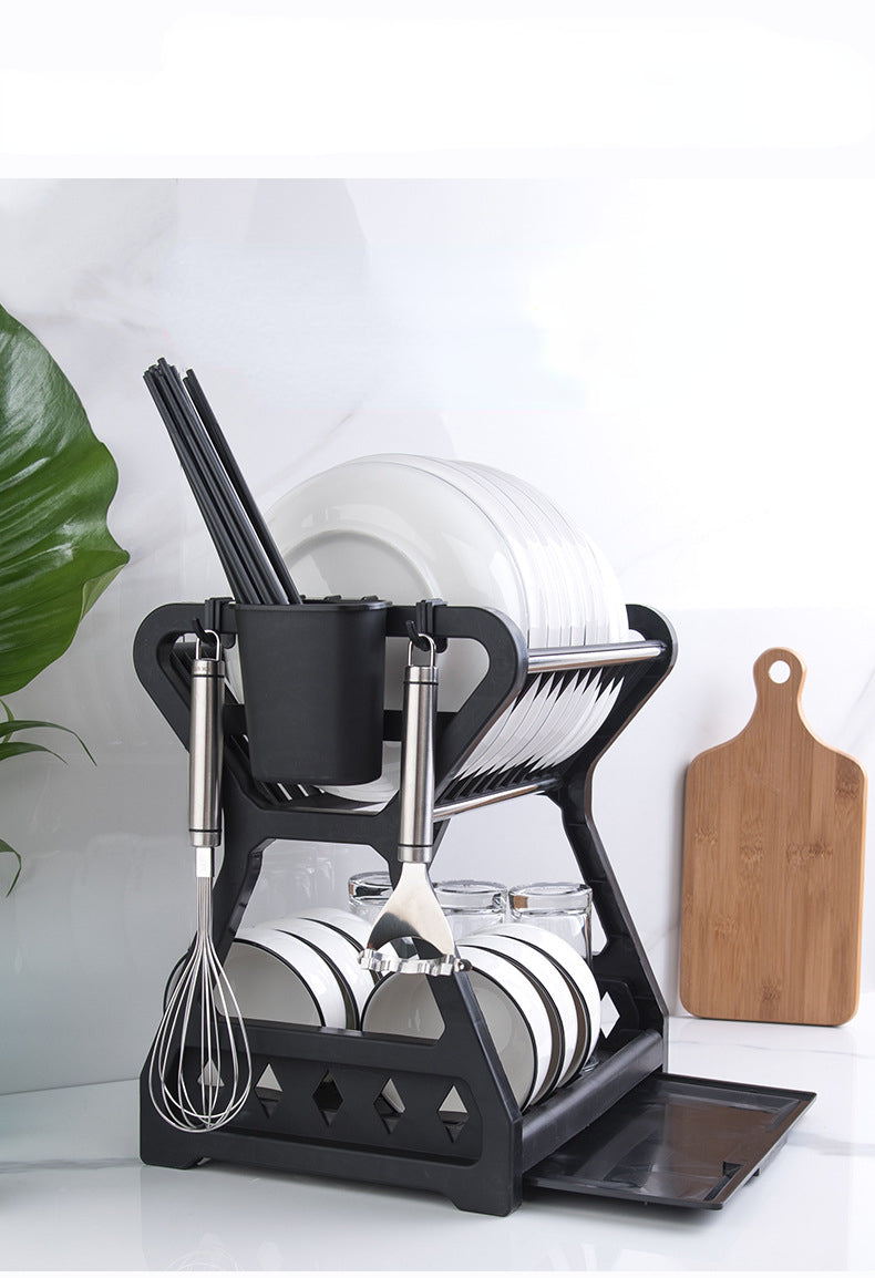 Dish Drainer Dish Drying Rack Kitchen Storage Double Layer Dish Drainer Shelf Knife Fork Container Holder Cutting Board Stand