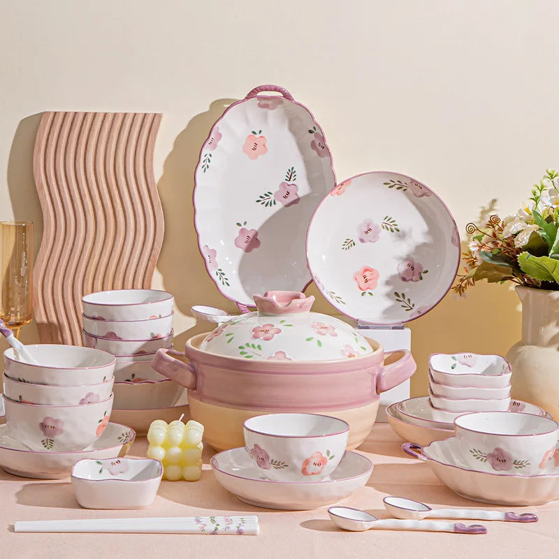 Flower, Underglaze Color, Ceramic Tableware, Bowl and Plate Combination