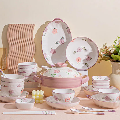Flower, Underglaze Color, Ceramic Tableware, Bowl and Plate Combination