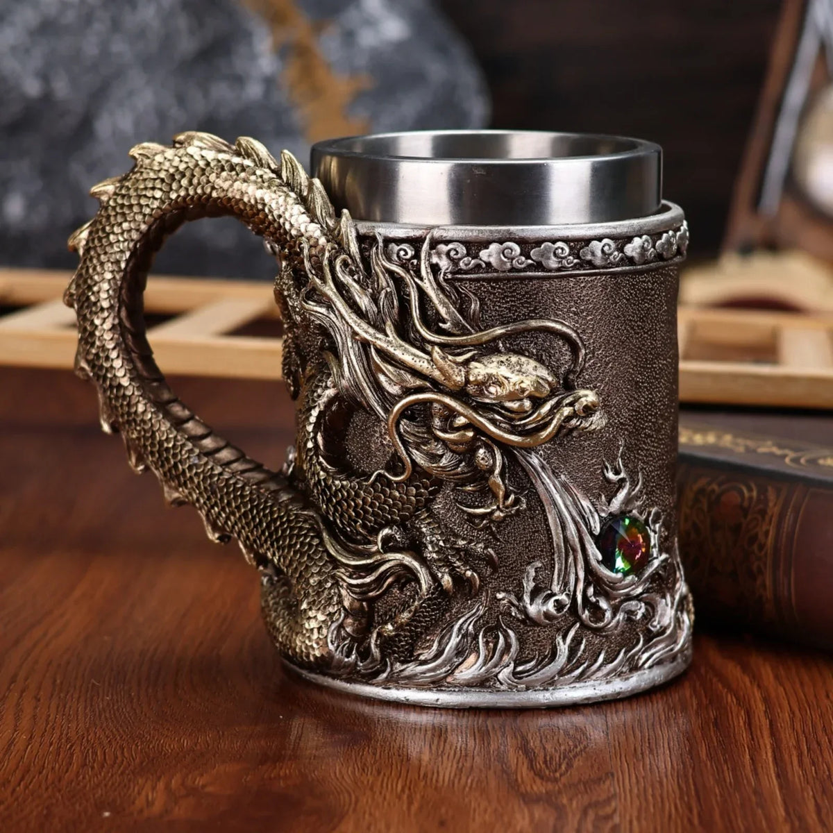 600ML Golden Copper Dragon Beer Resin Tankard 304 Stainless Steel  Medieval Tea Cup Coffee Beer Mug Copper Color New Party Bar