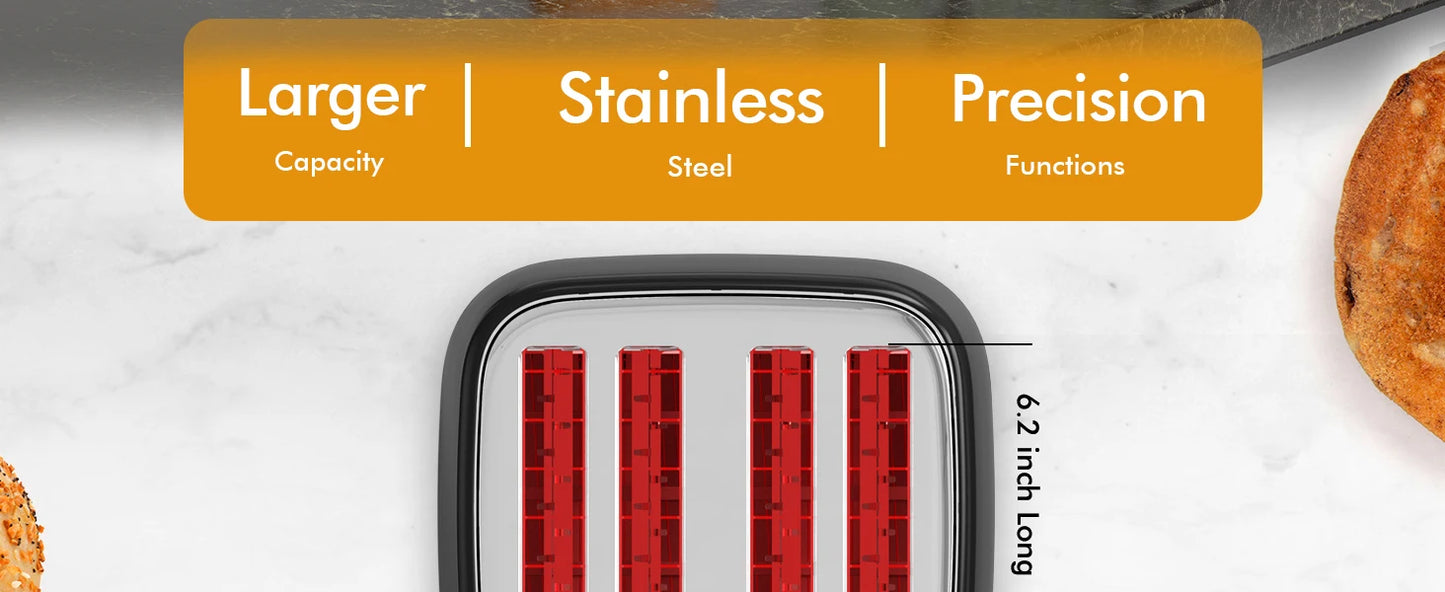 4 Slice Toaster, 1.5" Extra Wide Stainless Steel Slots, Dual Controls, Removable Crumb Tray, 6 Shade Settings, Black