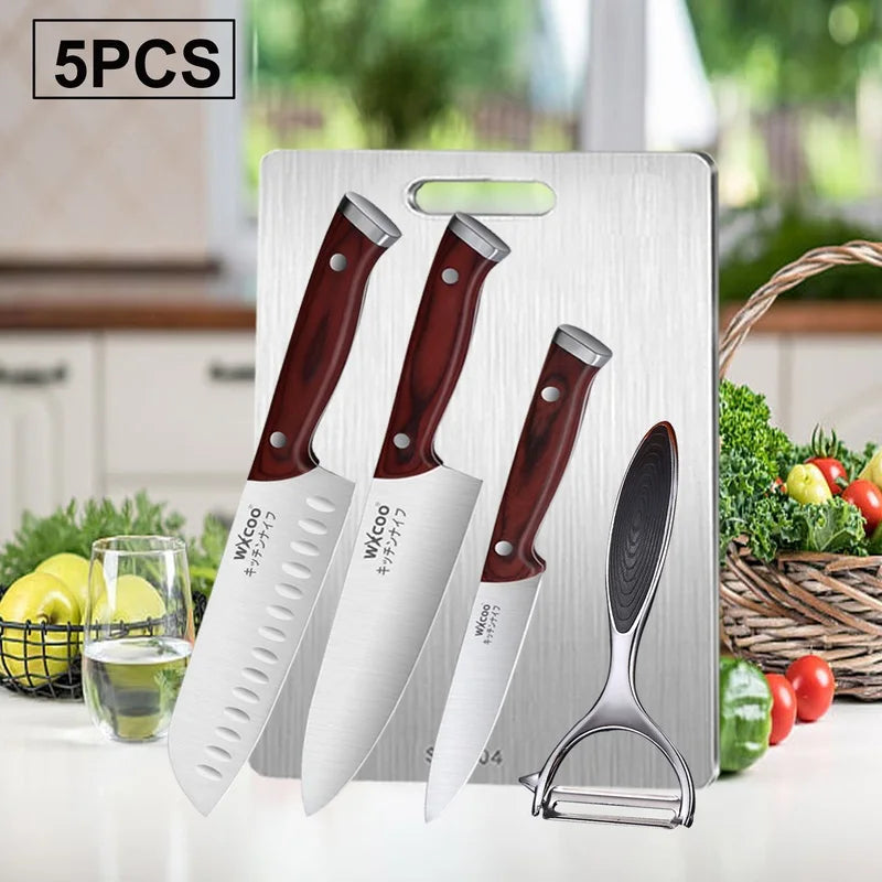 WXCOO 1-5pcs Professional Kitchen Knife Set Ultra Sharp Chef's Knife Meat Cleaver Fruit Slicing Stainless Steel Cutting Board