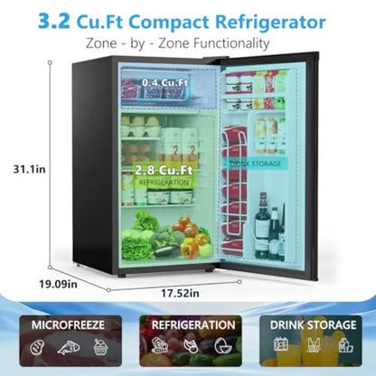Dorm fridge with freezer for bedroom/office/kitchen/dorm: 3.2 cu.ft black compact refrigerator, reversible door, adjustable the