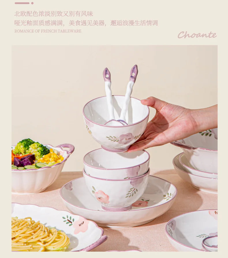 Flower, Underglaze Color, Ceramic Tableware, Bowl and Plate Combination