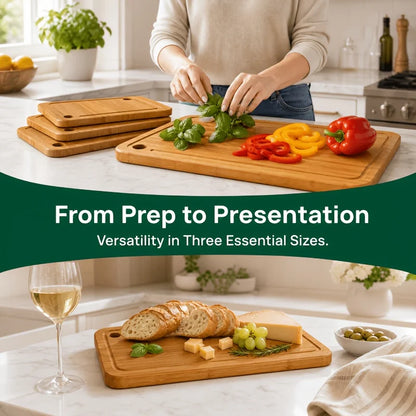 Tool And Gadget Sets - Bamboo Cutting Boards for The Kitchen - Three-Piece Wooden Cutting Boards with Juice Slot, Side Handles And Non-Slip Pads - Suitable for Meat, Vegetables And Fruits - Ideal Kitchen Gift - Suitable for V