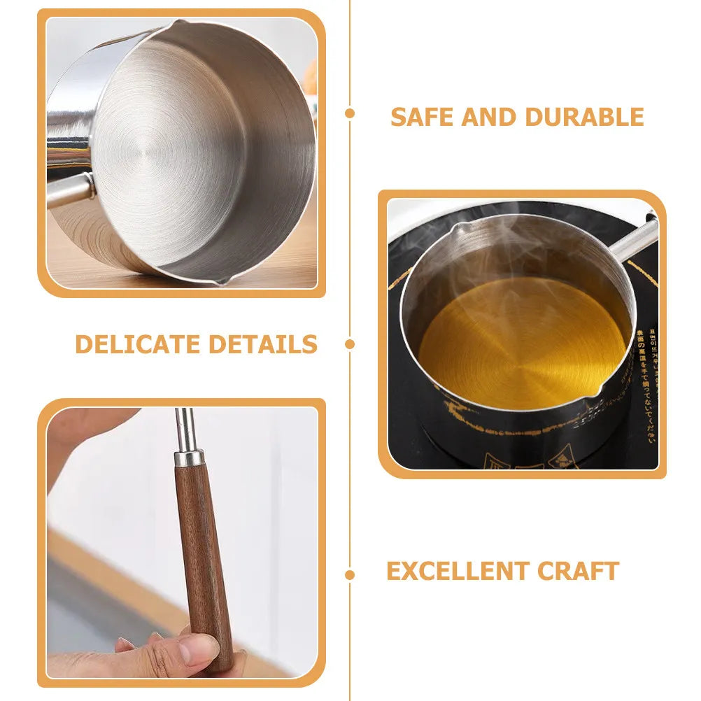 250Ml Stainless Steel Sauce Pan with Wood Handle Melting Bowl for Butter Chocolate Milk Oil Pour Spout Ergonomic Anti Scald