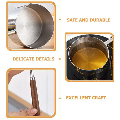 250Ml Stainless Steel Sauce Pan with Wood Handle Melting Bowl for Butter Chocolate Milk Oil Pour Spout Ergonomic Anti Scald