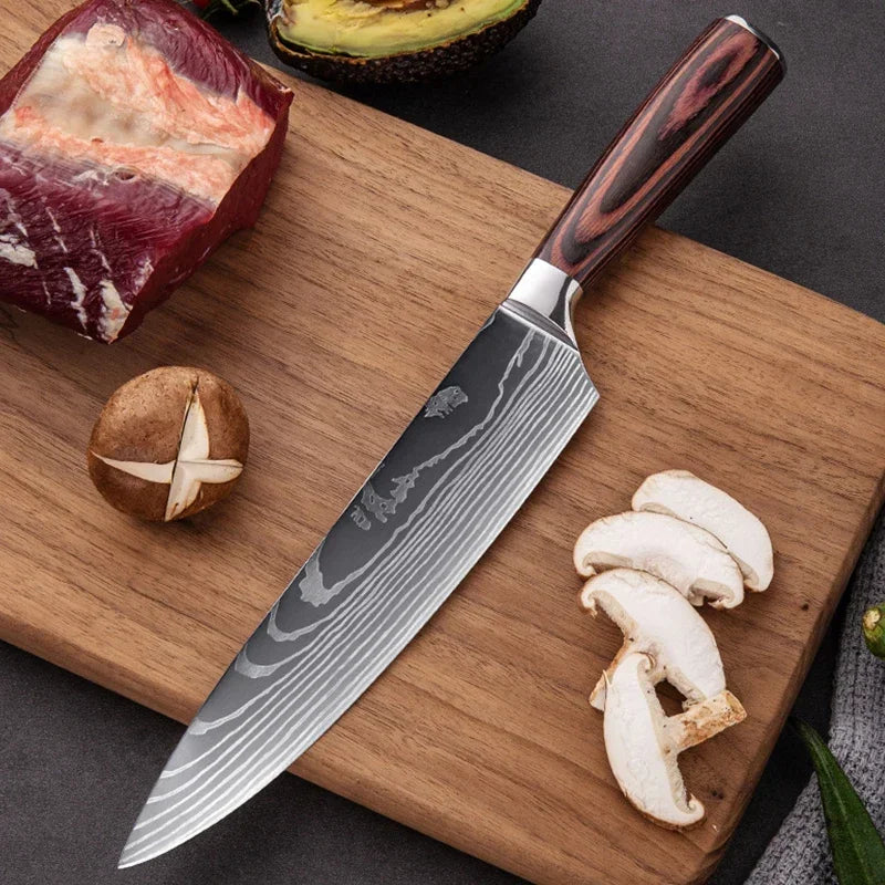 Japanese Santoku Knife 10pcs Damascus Pattern Knives Set Chef's Knife Boning Knife Meat Cleaver Vegetable Slicing Knives
