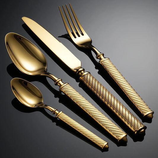 4Pcs Shiny Dinnerware Set 304 Stainless Steel Cutlery Set Gold Creative Handles Tableware Knives Forks Spoon Dishwasher Safe