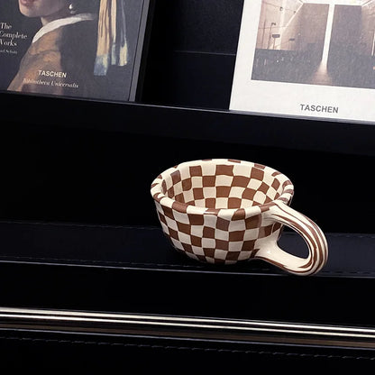 Checkerboard Shape Mug, Korean Retro Ceramic Coffee Mug, Office Latte Mug, Holiday Gift,Home Use Simple Water Cup