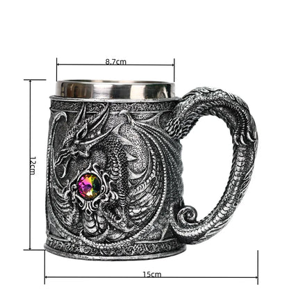 Retro Dragon Resin Hand Painted Stainless Steel Beer Mug Coffee Cup Gem Creative Design Tea Cup Bar Decoration Collection Gift