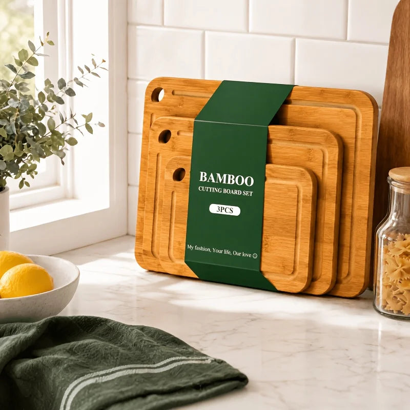 Tool And Gadget Sets - Bamboo Cutting Boards for The Kitchen - Three-Piece Wooden Cutting Boards with Juice Slot, Side Handles And Non-Slip Pads - Suitable for Meat, Vegetables And Fruits - Ideal Kitchen Gift - Suitable for V