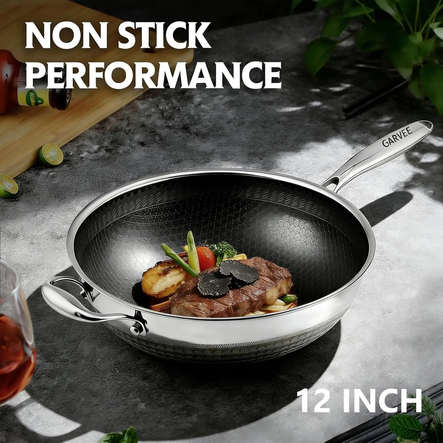 12 Inch Stainless Steel Wok Pan,4L Fry Pans Nonstick with Snowclad Technology,Induction Cooking Pan with Lid Free Cookware