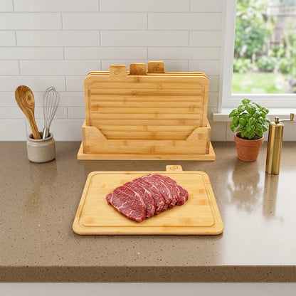 33.53*22.61 cm Bamboo Cutting Board, Chopping Boards Set With Food Icons, 4-Piece Bamboo Cutting Board Set With Holder
