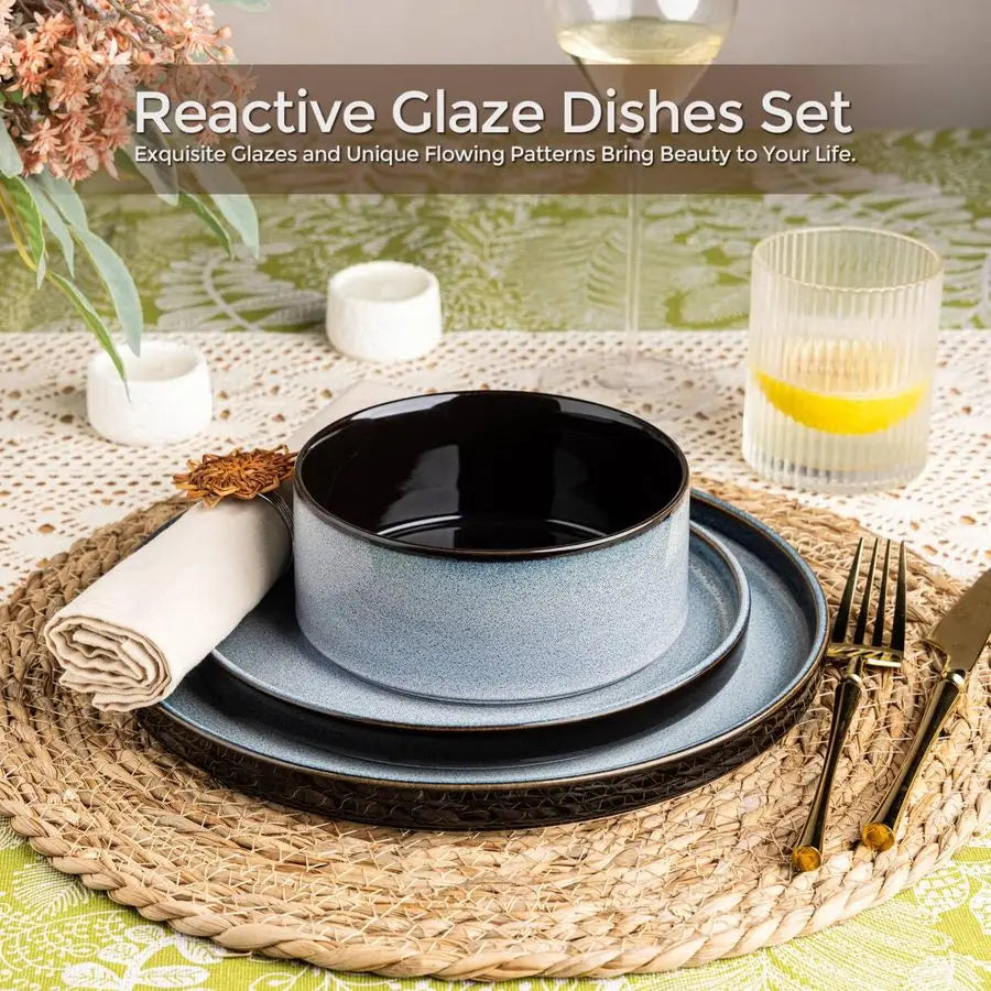 Ceramic Dinnerware Sets for 4,Round Reactive Glaze Ceramic Plates and Bowls Set Dishwasher amp Microwave Safe Dishes Set,Service