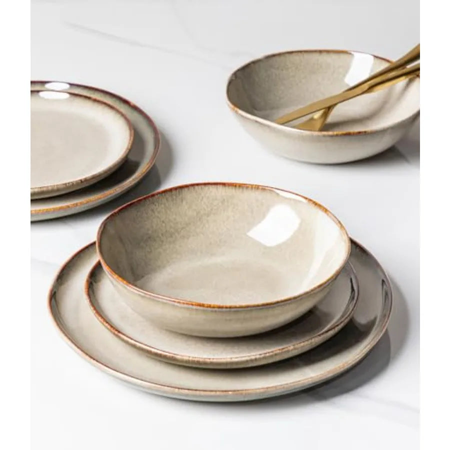 Stoneware Dinnerware Sets for 4 12 Pieces Rustic Ceramic Plates and Bowls Set Handmade Reactive Glaze Plate Sets Highly Chip Re