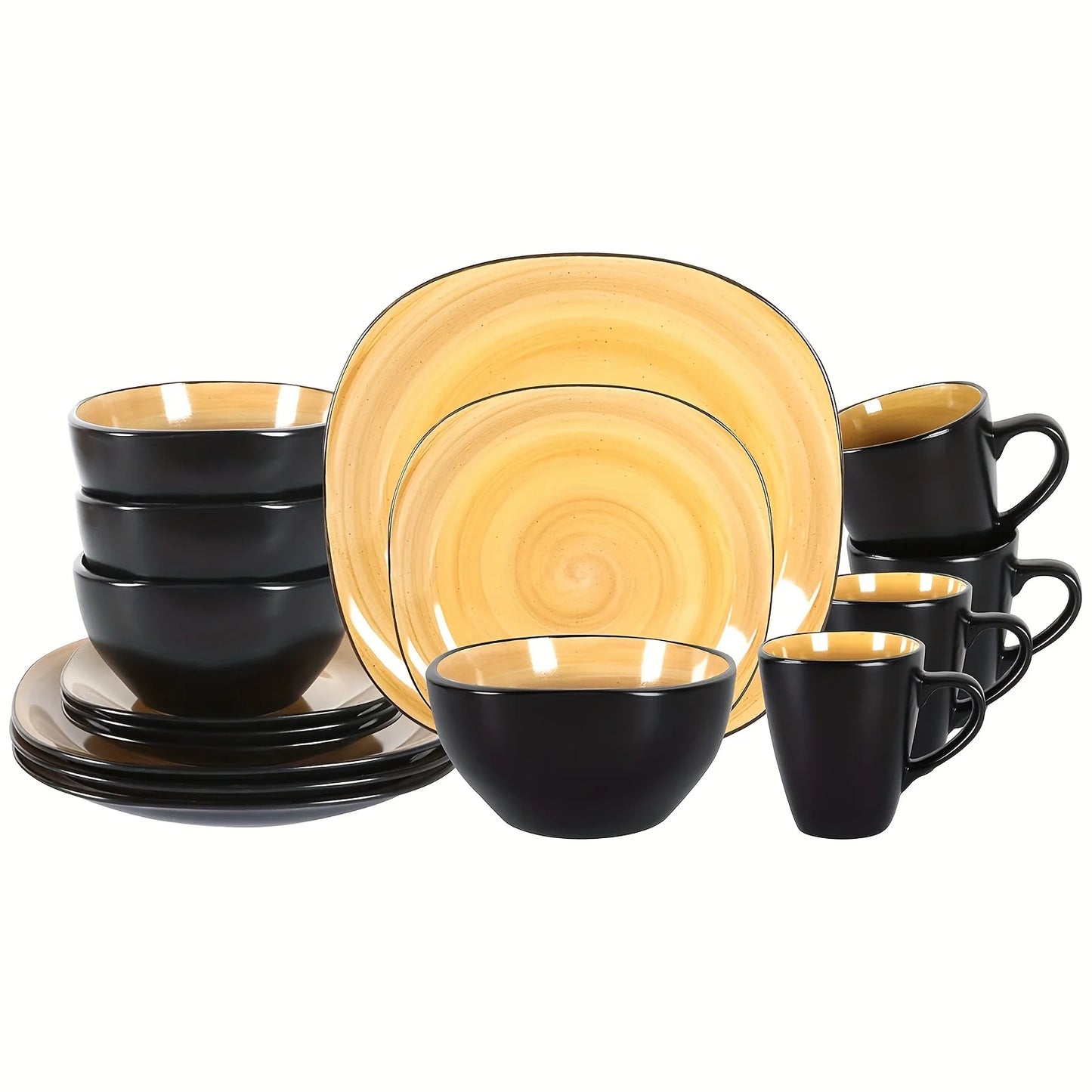 16pcs Square Tableware Set - Artfully Hand-Brushed, Colorful And Black-Trimmed Square Plates And Bowls Set, 4-Person Tableware S