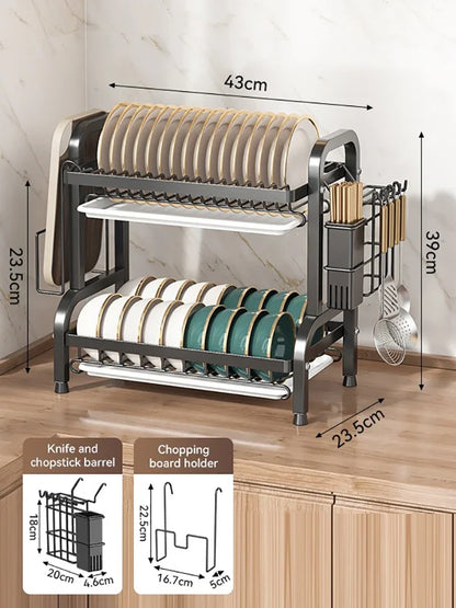 2 Tier Dish Drying Rack Compact Kitchen Dish Rack Rust-Proof Carbon Steel Dish Drainer Drainboard Tableware Water Filter Rack