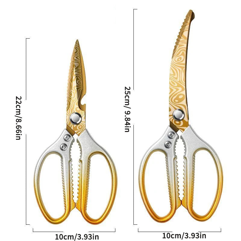 Golden Damascus pattern kitchen scissors, high hardness and strong chicken bone barbecue food specific scissors