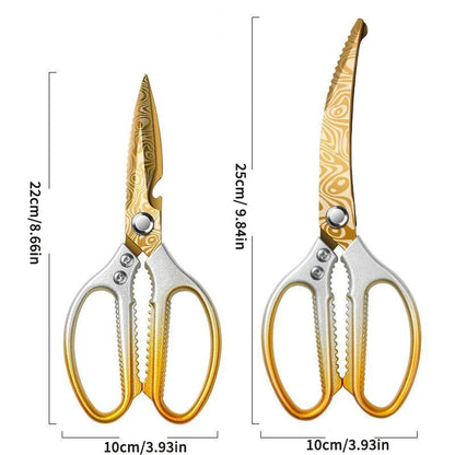 Golden Damascus pattern kitchen scissors, high hardness and strong chicken bone barbecue food specific scissors