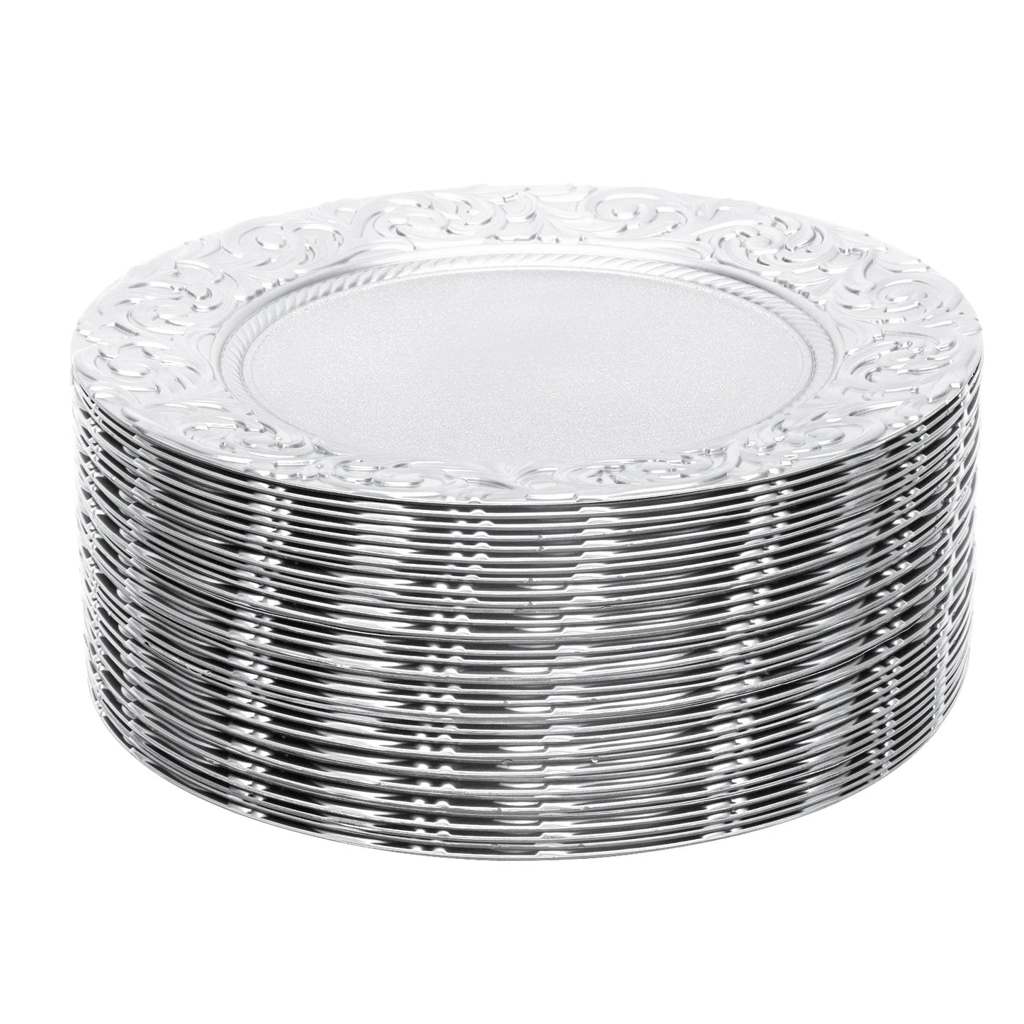 100 Pcs Silver Round Charger Plates Set, Reusable Serving Plates Disposable Platters for Wedding Party Banquets Picnics
