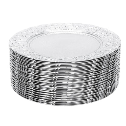 100 Pcs Silver Round Charger Plates Set, Reusable Serving Plates Disposable Platters for Wedding Party Banquets Picnics