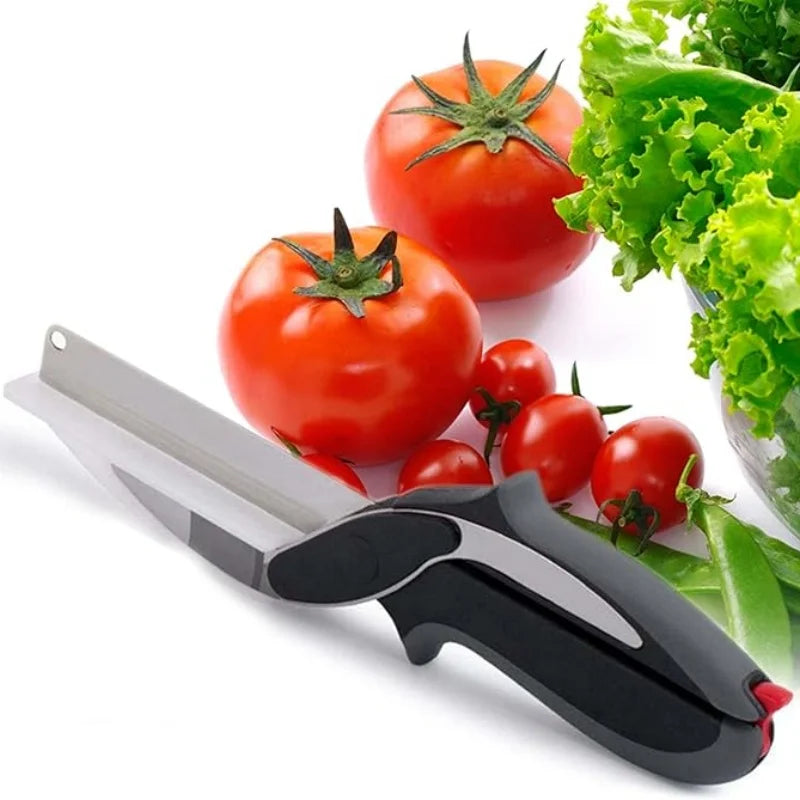 2 in 1 Kitchen Scissors for Food – Stainless Steel 9.5" Tomato Knife Chops Vegetables, Fruit, Cheese, Meat in Seconds | Dishwasher Cutting Board Scissors  – Mess-Free Prep