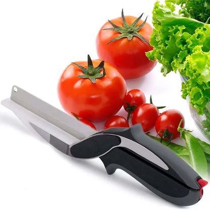 2 in 1 Kitchen Scissors for Food – Stainless Steel 9.5" Tomato Knife Chops Vegetables, Fruit, Cheese, Meat in Seconds | Dishwasher Cutting Board Scissors  – Mess-Free Prep