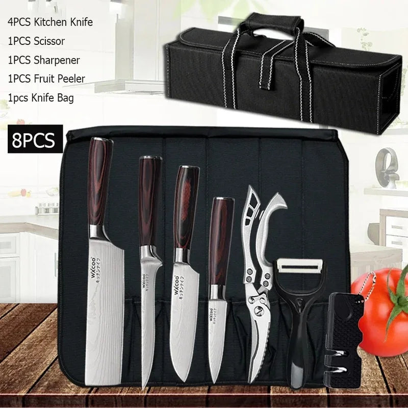 WXCOO Professional Chef Knife Damascus Japanese Stainless Steel Kitchen Boning Knives Set with Roll Canvas Bag