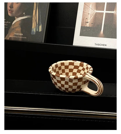 Checkerboard Shape Mug, Korean Retro Ceramic Coffee Mug, Office Latte Mug, Holiday Gift,Home Use Simple Water Cup