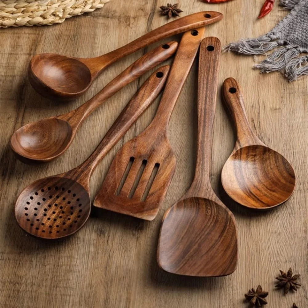4-8pcs Wooden Cooking Spoon with Storage Bucket Durable Kitchen Utensils Set Natural Material Unbreakable Kitchen Shovel Set