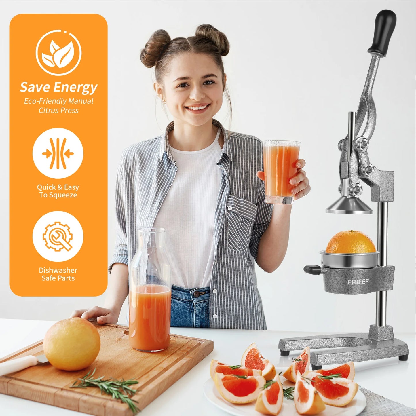 Lightweight stainless steel manual citrus juicer, commercial hand-operated fruit juicer, non-electric portable juicer, suitable for oranges, lemons, pomegranates and other fruits, ideal for home kitchens, bars and restaurants