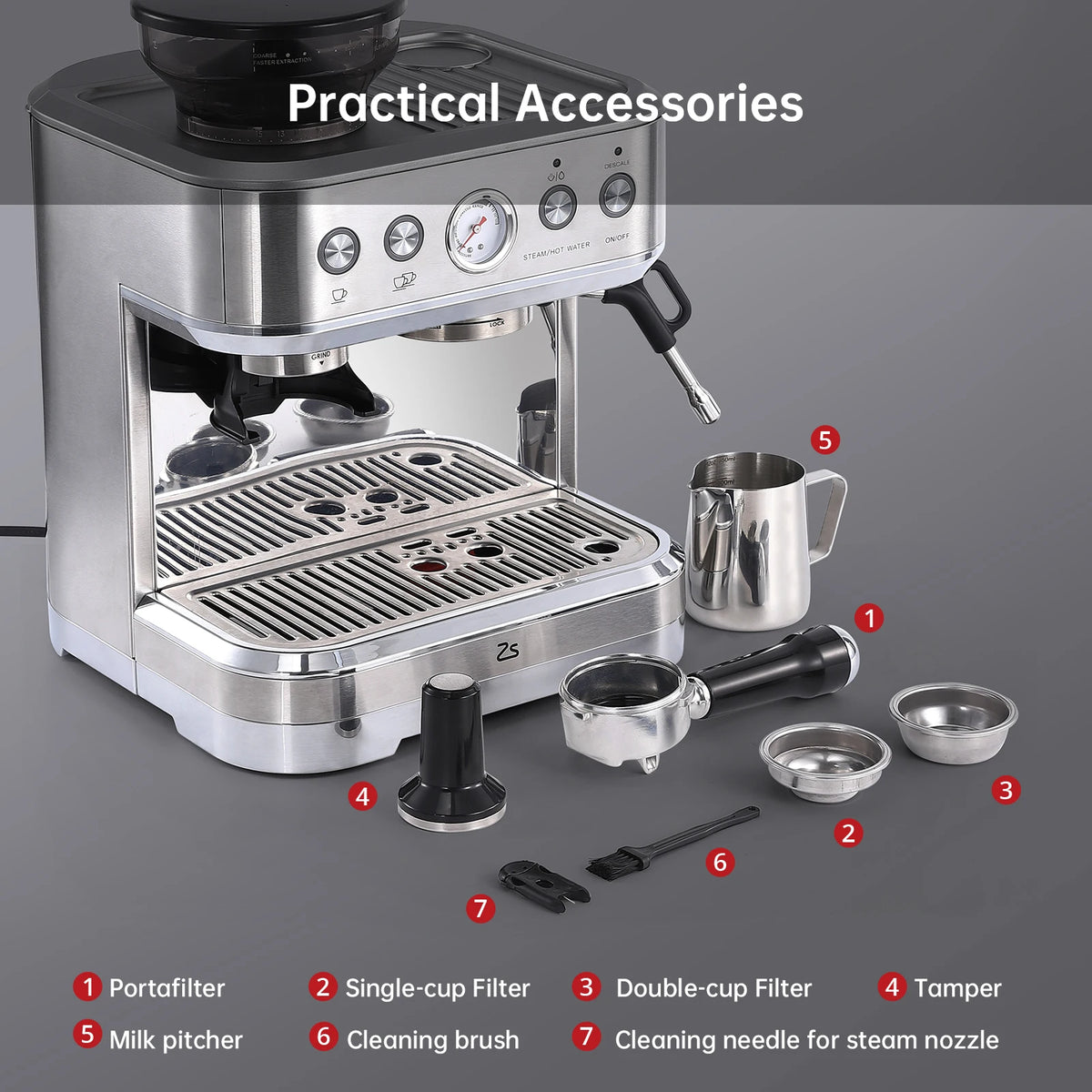 Espresso Machine with Milk Frother and Grinder, 15 Bar Automatic Espresso Coffee Machine All In One Coffee Maker with Italian ULKA Pump, 2.5L Water Tank, Brushed Stainless Steel for Home Office