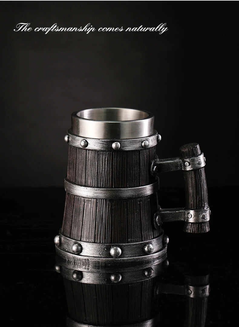 Viking Wood Style Beer Mug 3D Resin Stainless Steel Coffee Cup Wine Glass Metal Double Wall Mug Beer Jug Cup Thermal