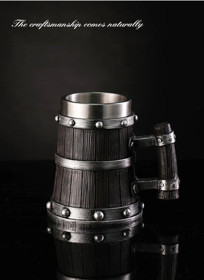 Viking Wood Style Beer Mug 3D Resin Stainless Steel Coffee Cup Wine Glass Metal Double Wall Mug Beer Jug Cup Thermal
