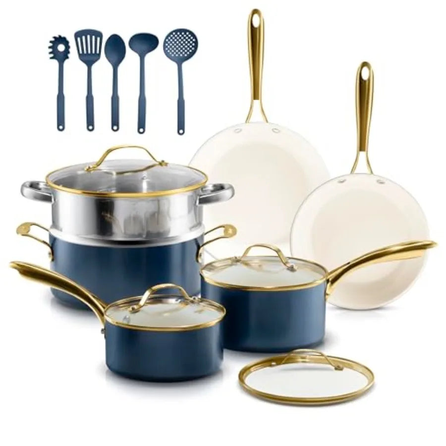 Ceramic Cookware Nonstick, Ceramic Pots and Pans Set Non Stick with Steamer for Cooking, Non Toxic PFOA PFOS Free, Premium Stay