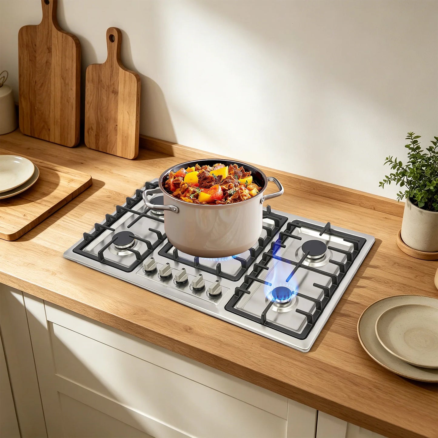 5 Burner Gas Cooktop 5 Burner Gas Stove 201 Stainless Steel Cast Iron Zinc Alloy Enamel Dual Countertop Drop-in NG Gas Hob Pulse Ignition Flame Failure Protection Independent Knob Easy Clean Home Hotel Restaurant Kitchen