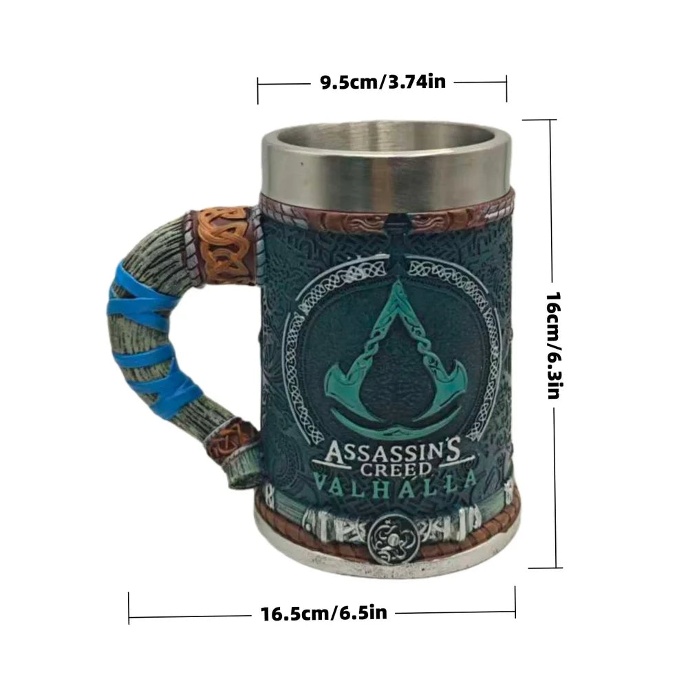 Assassins Creed Valhalla Viking Game Tankard Stainless Steel Liner Resin Coffee Mug Norse Warrior Stein Tankard for Gamer Gift